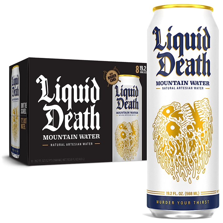 Liquid Death Still Mountain Water, 8-Pack, 19.2 oz Recyclable Cans, Real Mountain Water Source, Pure Still Drinking Water Beverage, Sustainably Packaged in Infinitely Recyclable Aluminum