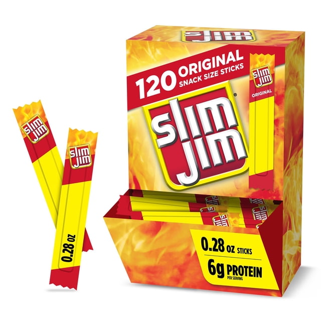 Slim Jim Snack Sized Smoked Meat Sticks, Original Flavor, 0.28 oz Sticks, 120 Count Pack, Savory Smoked Snack Sticks Made with Real Meat, High Protein On-the-Go Snack for the Whole Family