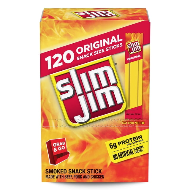 Slim Jim Snack Sized Smoked Meat Sticks, Original Flavor, 0.28 oz Sticks, 120 Count Pack, Savory Smoked Snack Sticks Made with Real Meat, High Protein On-the-Go Snack for the Whole Family