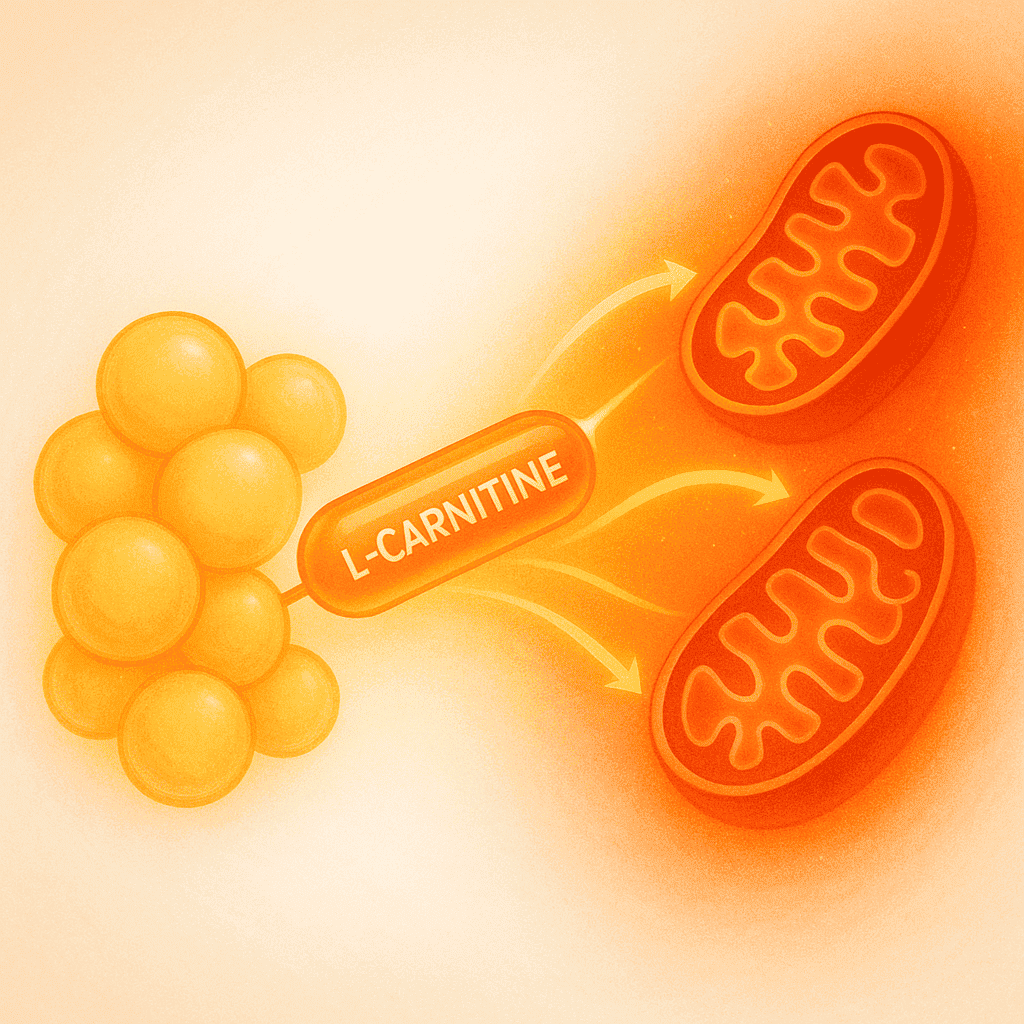 Graphic illustration that shows Lcarnitine Binding to fat cell to deliver it to the mitochondria